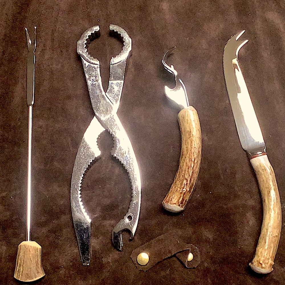 Vintage BarTools with Antler Handles, Leather Wrap
